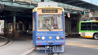 都電荒川線（東京さくらトラム）7700形7703号車（青色塗装）が三ノ輪橋行きとして王子駅前駅に到着するシーン（2023.11.18.14:23）