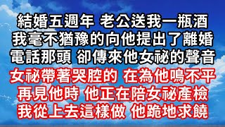 結婚五週年 老公送我一瓶酒 ，我毫不猶豫的向他提出了離婚 ，電話那頭 卻傳來他女祕的聲音 ，女祕帶著哭腔的 在為他鳴不平 ，再見他時 他正在陪女祕產檢 ，我從上去這樣做 他跪地求饒！