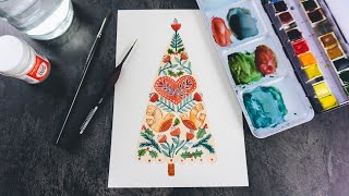 Painting a Folk Art Christmas Tree in Watercolour | 12 Cards of Christmas No:2 Tree