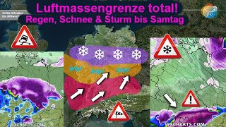 Luftmassengrenze total! Schnee, Regen, Glätte, Sturm \u0026 Schneebruch bis Samstag. Niederschlags-Summen