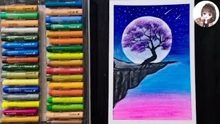Oil pastel drawing/ moonlight night scenery drawing with oil pastel