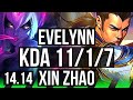 EVELYNN vs XIN ZHAO (JGL) | Rank 3 Eve, 11/1/7, Legendary | EUNE Challenger | 14.14