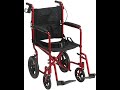 Drive Medical EXP19LTRD Lightweight Expedition Folding Transport Wheelchair with Hand Brakes, Red