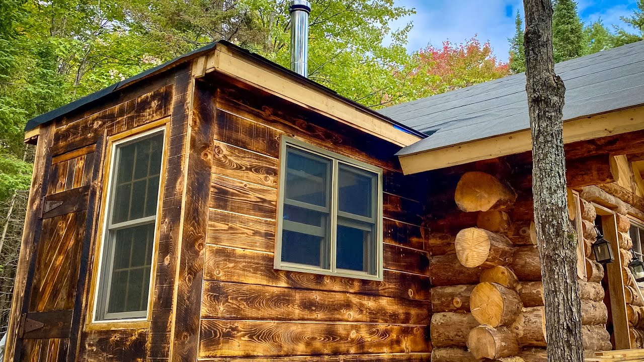 Burnt Wood Siding And Birch Bark Lined Door, Off Grid Log Cabin Alone ...