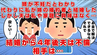 不妊の姉の代わりに私が姉婚約者と結婚 → 夫は私に興味が無かった… → ４年後夫のフリンが発覚し離婚！相手はなんと…そして離婚→その後夫が亡くなったことを知り…そしてまさかの