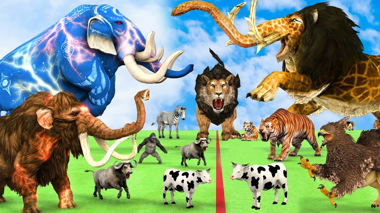 5 Giant Mammoth Elephant Cow Vs 5 Giant Lion Tiger Elephant Griffin