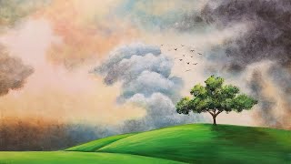 How to Paint Clouds with Tree Landscape Acrylic Painting Tutorial LIVE