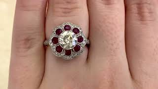 1.47 carat Old European Cut Bezel Set Diamond Ring - Ruby Floral Ring - Hand Video