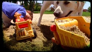 Toy Truck Videos for kids- fisher price classic trucks and dog digging in the sand