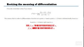 Differentiability of a function at a point.