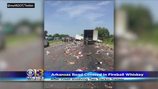 Fireball Whiskey Covers Interstate After Crash Between 2 Tractor Trailers