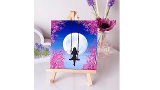 Easy Painting Technique || Alone Girl swinging in the beautiful moonlit night  || Painting