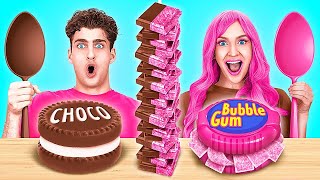 BUBBLE GUM VS CHOCOLATE FOOD CHALLENGE || 100 Layers of Yummy Battle for 24HOURS by 123GO! CHALLENGE