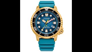 【CITIZEN】PROMASTER 浩瀚海洋光動能橡膠潛水腕錶/湖水綠x金框 BN0162-02X