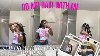 DO MY HAIR WITH ME|| smedium blonde & black Knotless braids🖤🤍