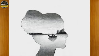 Beautiful Double Exposure Scenery Drawing | How to draw Romantic couple Scenery inside a girl's face