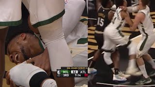 Giannis is down in serious pain after hyperextends his knee 👀 Bucks vs Hawks Game 4