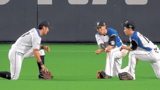 ＜2017.9.13ロッテ戦4回表1アウト1塁＞投手交代時の外野トリオ(上沢⇒玉井、西川遥輝\u0026大田泰示\u0026松本剛)