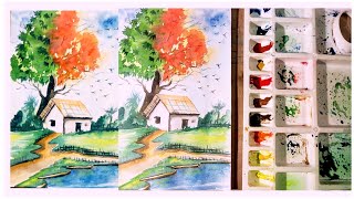 How to draw landscape scenery by water colour for beginners/landscape scenery by water colour