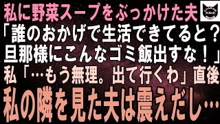 【スカッとする話】帰宅した瞬間、夫が野菜スープを投げつけて来た。夫「一家の大黒柱にこんなゴミ飯出すな！今すぐ作り直せ！」私「…もう無理。出て行くわね」直後、私の隣を見た夫は冷や汗を流し…【修