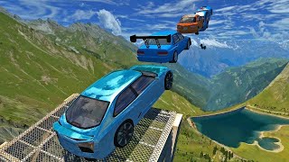 Flatbed Long Trailer Truck Rescue -Cars vs Bollards | Deep Water and Potholes - BeamNG.drive