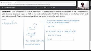 Problem on Torsion/Hollow shaft replaced by solid shaft/ Diameter of shaft/ Strength of Materials