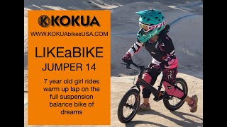 Balance bike KOKUA LIKEaBIKE Jumper 14 at the pump track with 7 year old