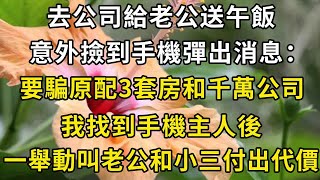 去公司給老公送午飯，意外撿到手機彈出消息：要騙原配3套房和千萬公司，我找到手機主人後，一舉動叫老公和小三付出代價#翠花的秘密