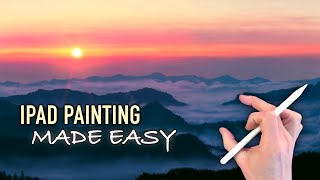 IPAD PAINTING TUTORIAL - Mountain clouds sunset landscape in Procreate