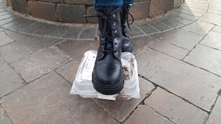 Crush a plastic box with brownie using black winter boots #asmrvideos #asmrcrushing #boots