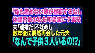 【スカッとする話】「孫を産めない嫁が昼寝するな！」体調不良の私を叩き起こす毒姑。夫「離婚だ！不妊が嘘つくな！」→数年後に偶然再会した元夫「なんで子供３人いるの！？」実はｗ