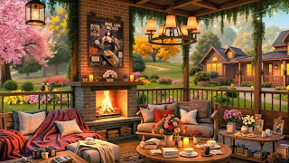 Spring Jazz Music ☕ Smooth Jazz Music \u0026 Crackling Fireplace at Cozy Porch Ambience for Relax, Study