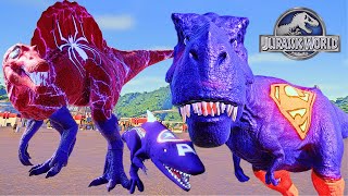 Dinosaur wars begin | Superman Trex Vs Spiderman Spinosaurus & Captain America Shark | Modded Dinos.