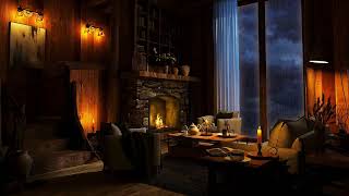 Ambiente acogedor de cabaña de troncos con sonidos de lluvia y chimenea para dormir.