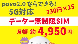 povo2.0ならできる 5G対応 データー使い放題SIM 月額 約4,950円 データ使い放題トッピング（330円/24時間)  実は最長約48時間利用できる!!  是非とも、継続でお願いします