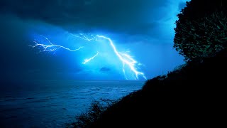 Thunder and Lightning Rain Sounds on Ocean waves with Black Screen ⚡ Storm White Noise for Sleep