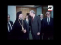 president makarios at the united nations building being greeted by the sercretary general kurt wald