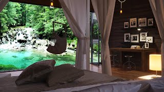 Bedroom with a small valley waterfall and birdsong