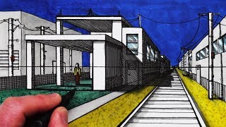 How to Draw a Modern House in 1-Point Perspective with Train Track