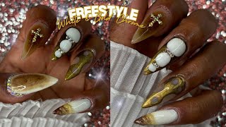 Learning how to do gelx |White \u0026 Gold Chrome Freestyle Almond Nails+How I do my Gelx nails at home