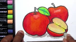 How to Drawing and Painting Red Apple Easy | Red Apple Drawing Easy | Fruit Drawing Tutorial