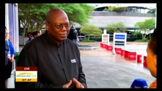 Tumi Sedumedi speaks to Mike Mabuyakhulu at the 26th Tourism Indaba