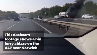 Bin Lorry on fire on the A47 near Norwich