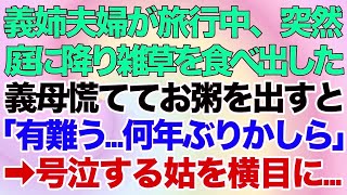 【スカッとする話】義姉夫婦が旅行中、突然庭に降り雑草を口にし出した義母慌ててお粥を出すと「有難う…何年ぶりかしら」→号泣する姑を横目に…