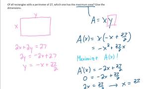 Calc POD #46 Optimization: Of all rectangles with a perimeter of 27, which one has the max area?