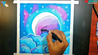 Easy Oil Pastel Drawing  for Beginners - A  Boy in Moonlight  night - Step by Step