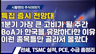 증시 전망대. 1분기 가장 큰 고비 주간. 관세, 경기 우려, 금통위, TSMC, PCE 영향은? 세계 증시에서 한국 위치는? BoA 한국 투자 유망. 그 이유. 주요 특징주