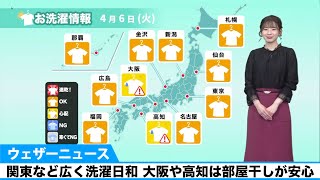 関東など広く洗濯日和　大阪や高知は部屋干しが安心