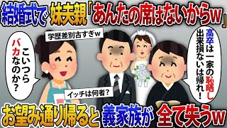 優秀な妹の結婚式で妹夫親「あんたの席はないからw出来損ないは帰れw」私「わかりました〜」→お望み通りに帰った結果【2ch修羅場スレ・ゆっくり解説】