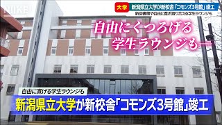 【自由に寛げる学生ラウンジも】新潟県立大学の新校舎「コモンズ３号館」が竣工、現図書館と回廊で繋ぐ新たな図書館や、音楽室、学生ラウンジなど新設